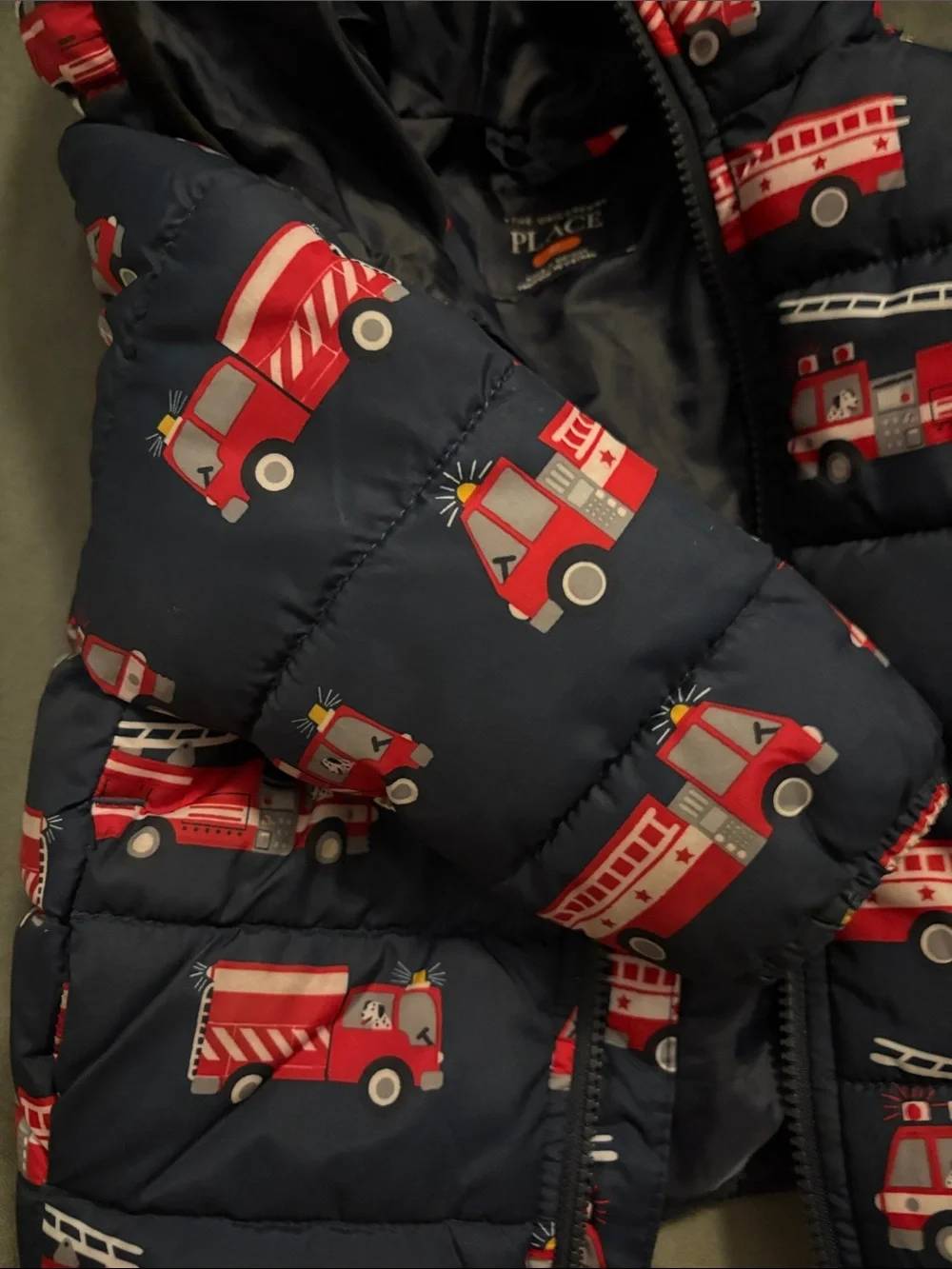 The Children's Place Navy Blue Hooded Puffer with Red Fire Truck Print